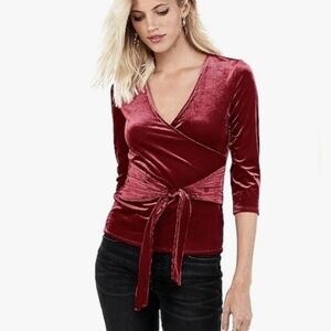 Stretchy Soft Ribbed Velvet Faux Wrap Top Red Express Cinched Waist Tie V Neck M
